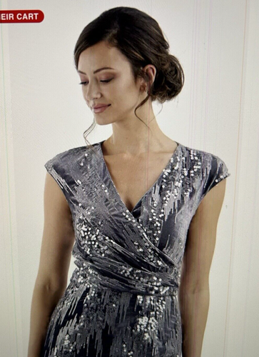 JS Collections June Sequin Velvet Faux Wrap Cocktail Dress in Gray/Silver Sz 16 - Picture 5 of 17