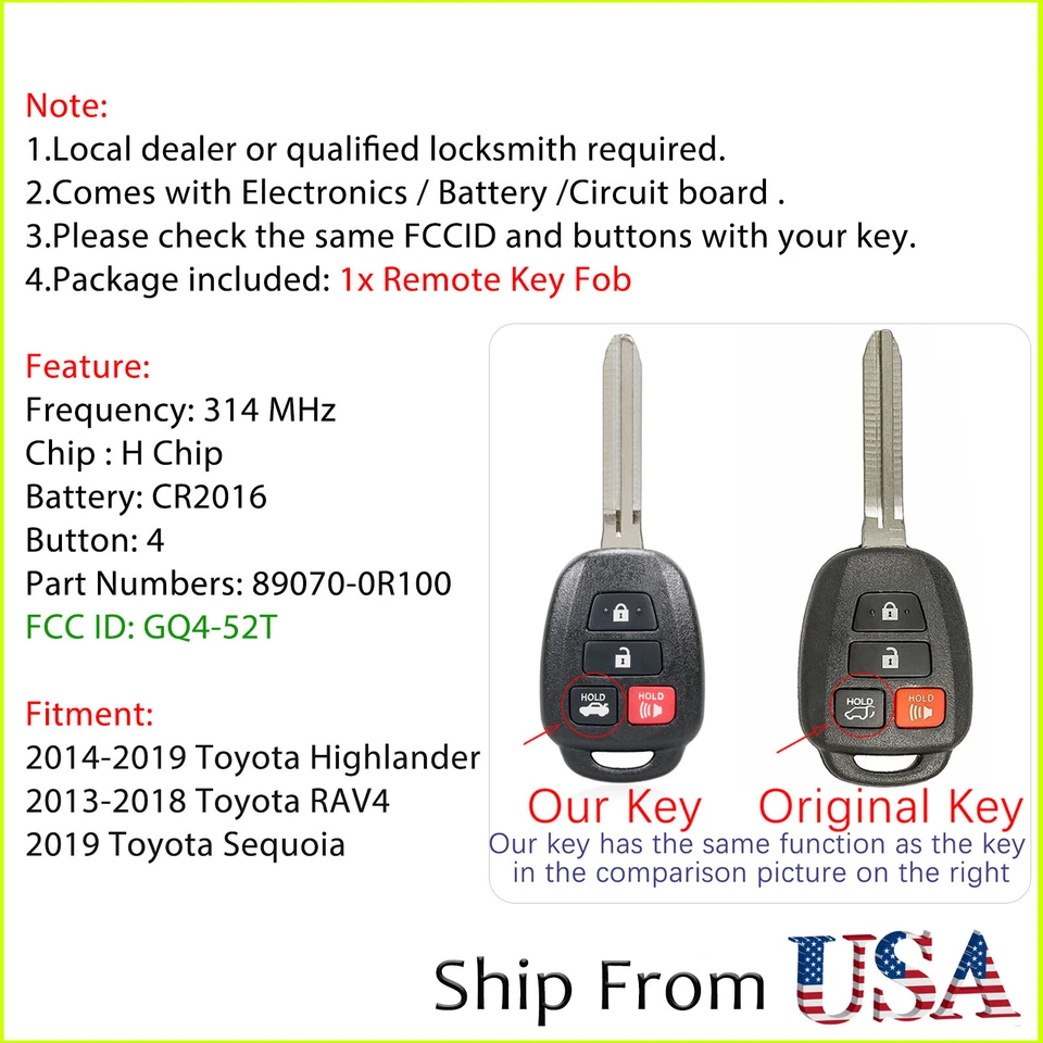 Mando a distancia para Toyota Highlander RAV4 2014 2015 2016 2017 2018 2019 GQ4-52T Foto 2 de 4