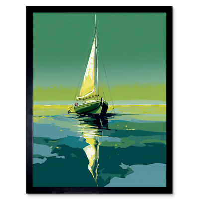 Ein Segelboot auf einem ruhigen Meer unter einem wolkenlosen Himmel gerahmtes Kunstbild Druck 9 x 7 Zoll