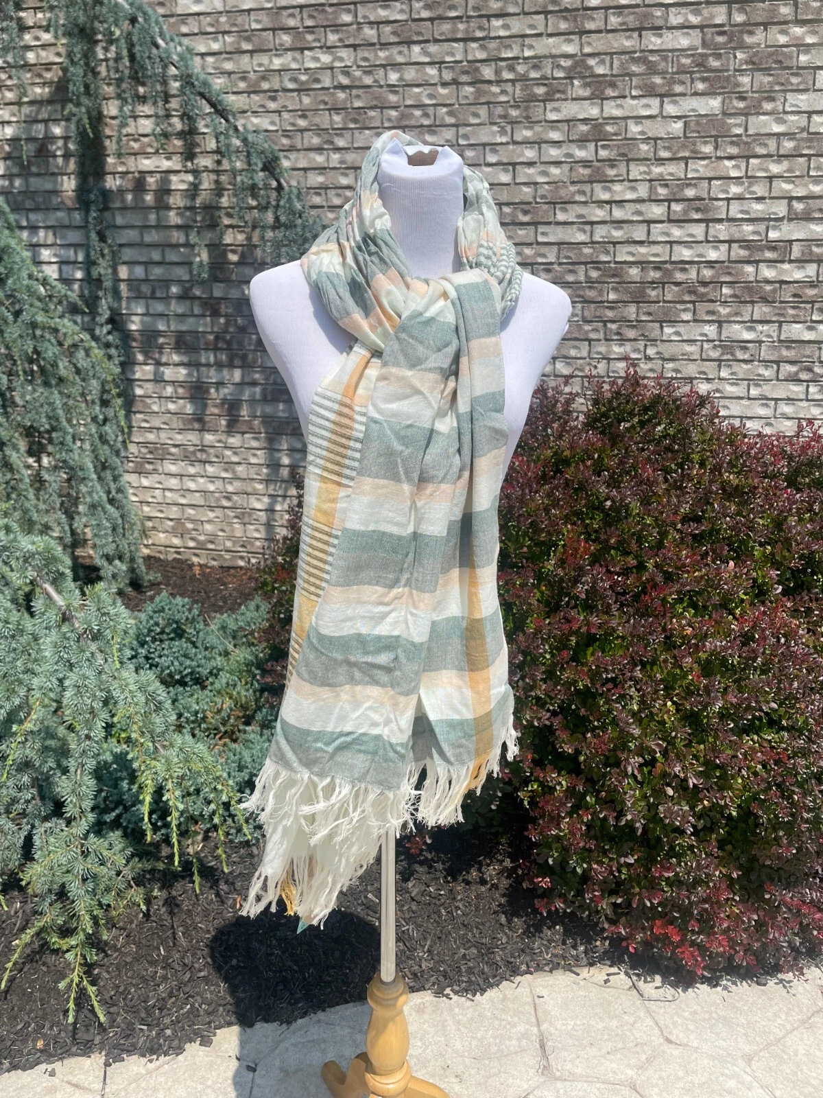 prAna LINDELL SCARF Women's Wrap Accessory Ivory Green Fringe Outdoor New