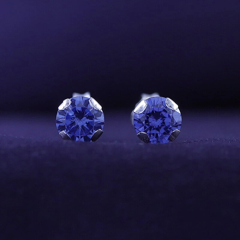 Aretes solitarios 6 mm redondos piedras preciosas de tanzanita oro macizo genuino 10K Foto 2 de 4