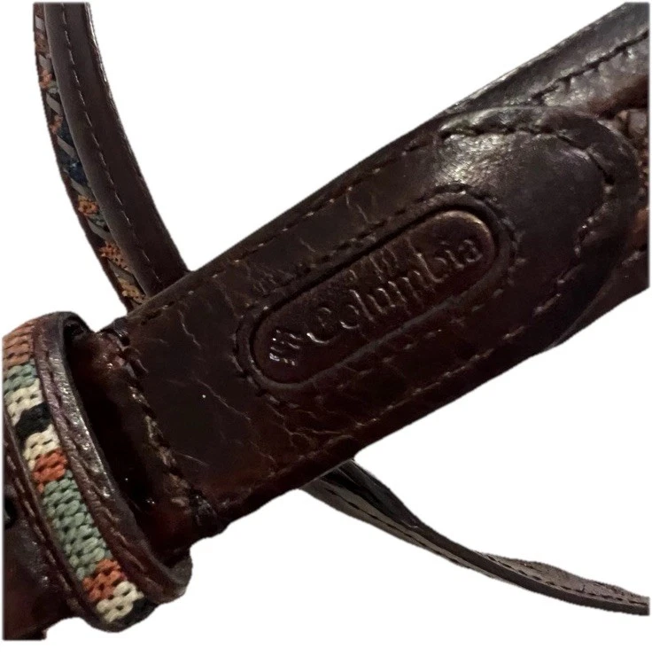 Cinturón Baja de cuero marrón Columbia vintage con incrustación de tela guatemalteca talla 38 Foto 3 de 4