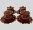 Set of 4 Vintage Hull Oven Proof 12 oz Soup Bowls w Lids Underplates Brown Drip