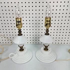 Vintage White Milk Glass Table Lamps Pair Beehive Base Handle