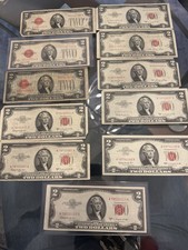 Lot of 11 United States $2 Red Seal Banknotes Circulated