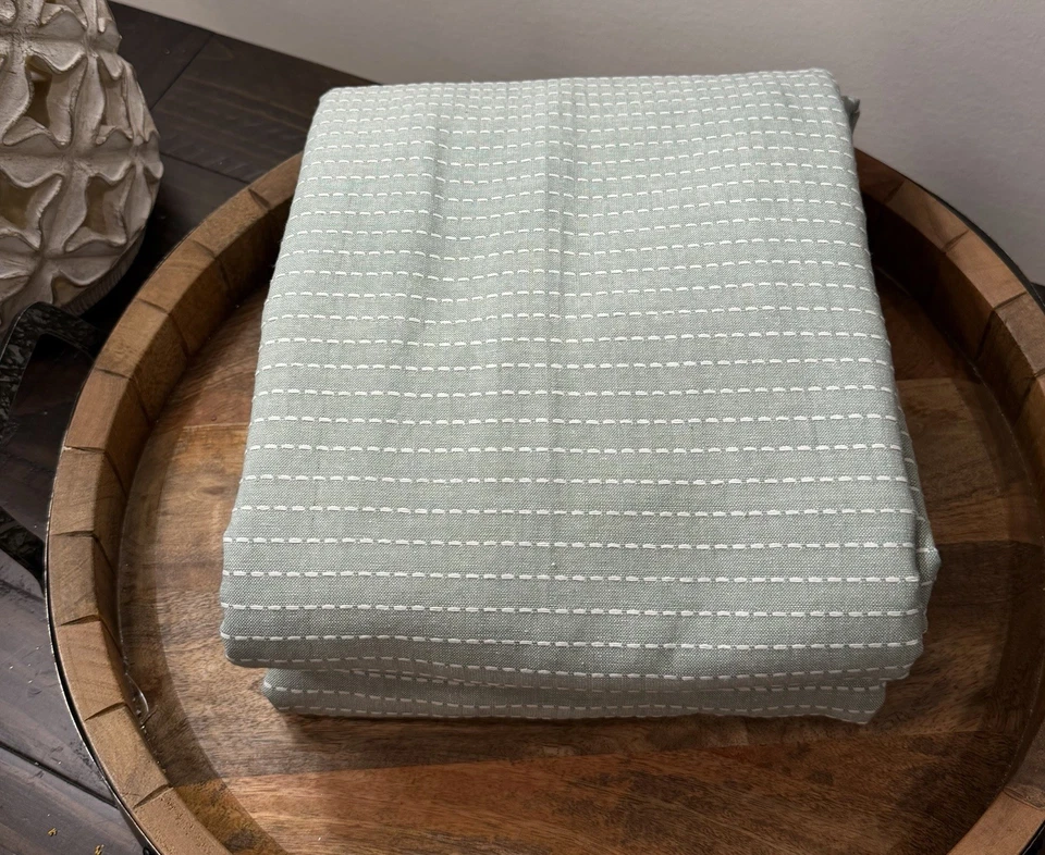 West Elm Chambray Tack Stripe BLACKOUT Curtain 48x 96” Color: Sage (green) - Image 2 of 4