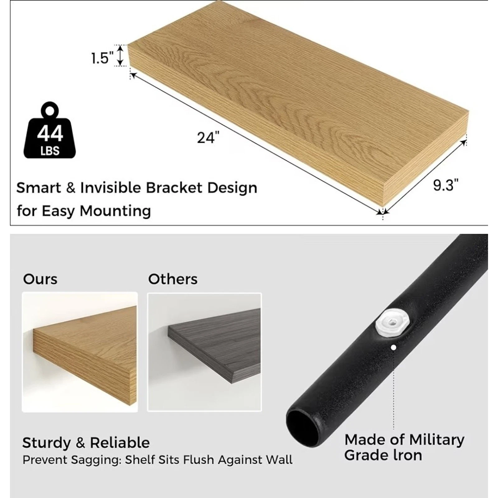 Floating Shelves for Wall, Engineered Wood Oak, 24" W x 9" D x 1.5" H, Set Of 2
