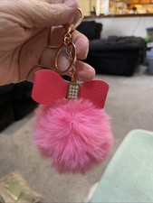 Pink Bow Bag Charm Keychain With Pom Pom New