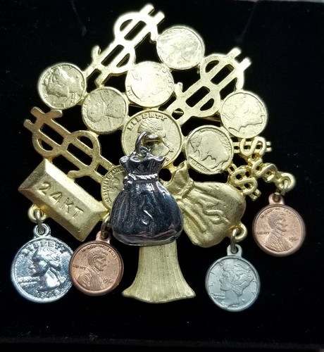 Vintage Money Tree Brooch Grows on Trees Dangle Coins Charms Large Gold Tone Pin