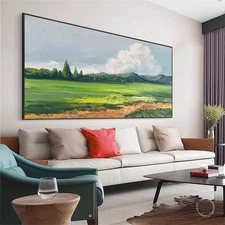 Large Hand Painted Oil Painting On Canvas Blue Sky Green Forest Landscape Wall