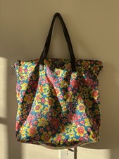 PRADA Floral Print Tote Bag Leather handle Nylon blue