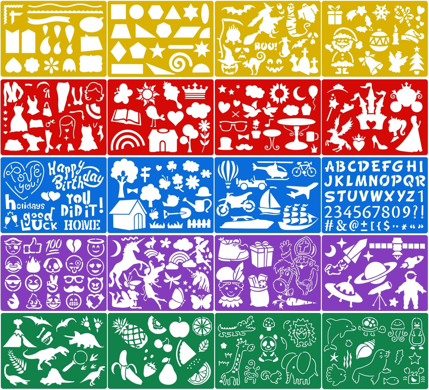 20-Pack Color Drawing Templates for Kids - Plastic Stencils