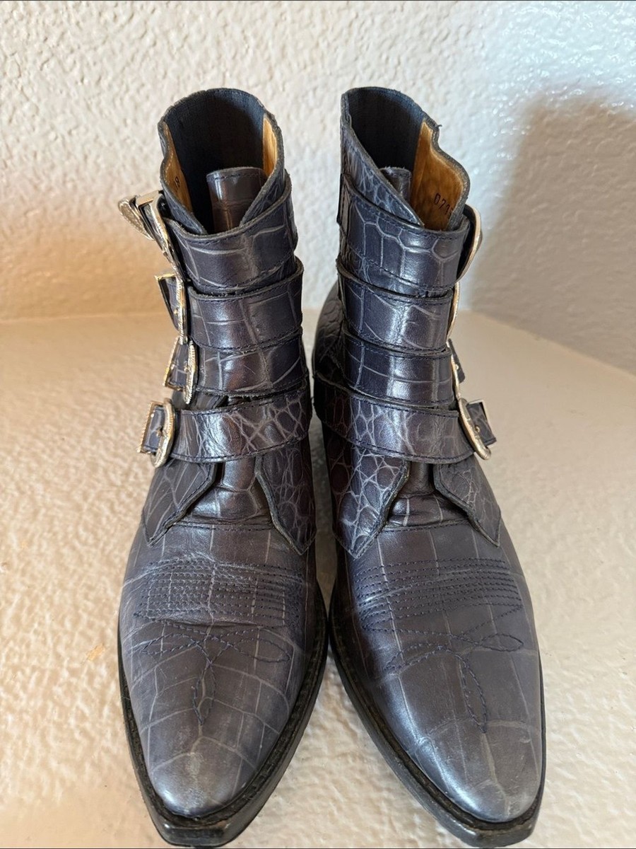 Toga Pulla Blue Croc Embossed Four Buckle Western Ankle Boots EU 38 View 3