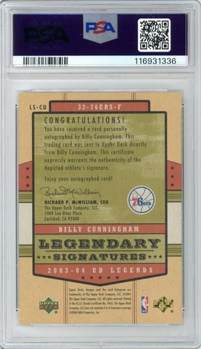 Billy Cunningham 2003-04 UPPER DECK Legends Legendary Signatures #LS-CU PSA 10 - Picture 2 of 2