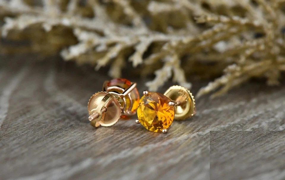 2ct Natural Round Yellow Citrine Screw Back Stud Earrings 14k Solid Rose Gold - Image 4 of 4