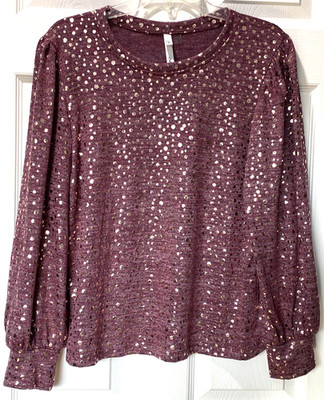 NY Collection Pullover Top Raspberry Gold Polka Dots Party Fun Size L NEW   