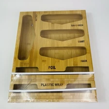 Bamboo kitchen storage shelf organizer for plastic wrap, foil, and ziplock bags