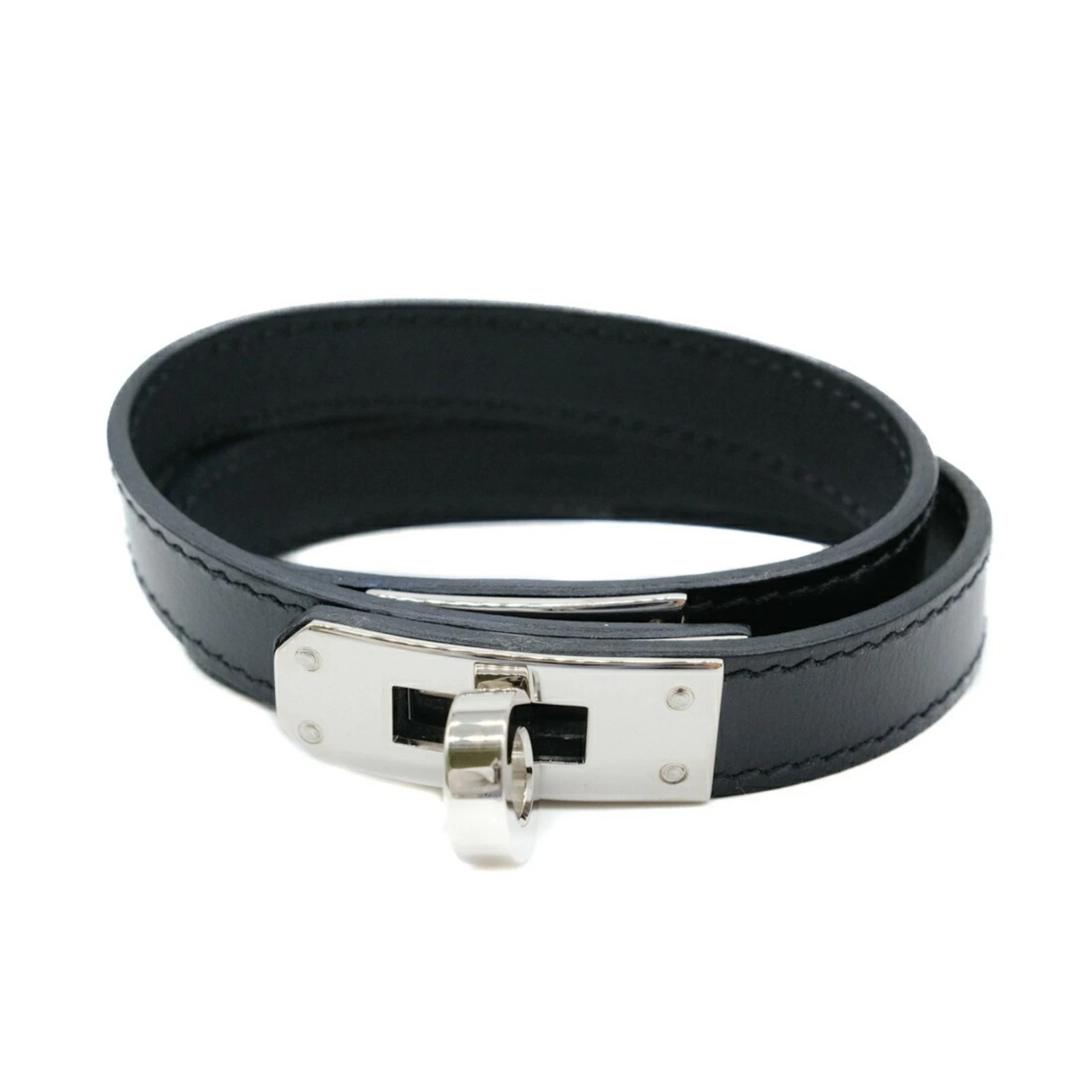 HERMÈS Bracciale HERMES Kelly Doppio Tour Box Pelle di Vitello Nero T5 #B GZl19eof