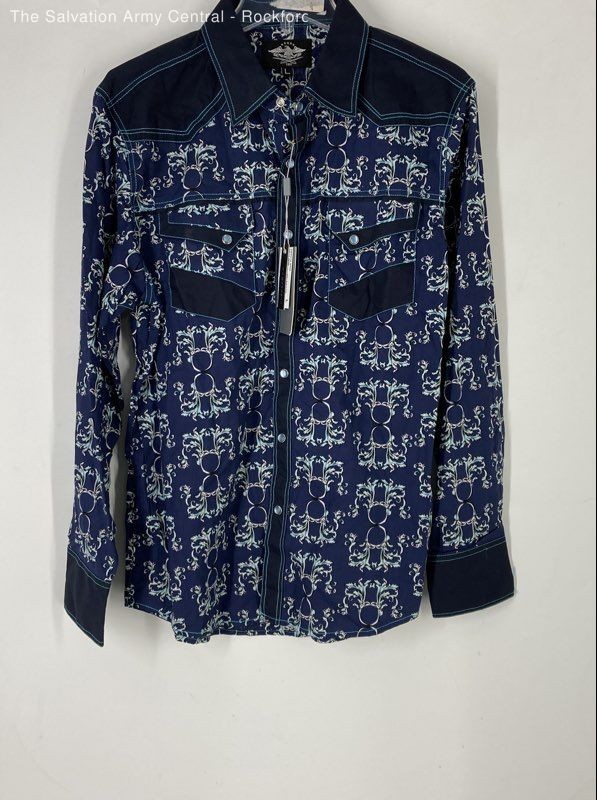 El General Mens Blue Black Long Sleeve Snap Front Western Button-Up Shirt Size L