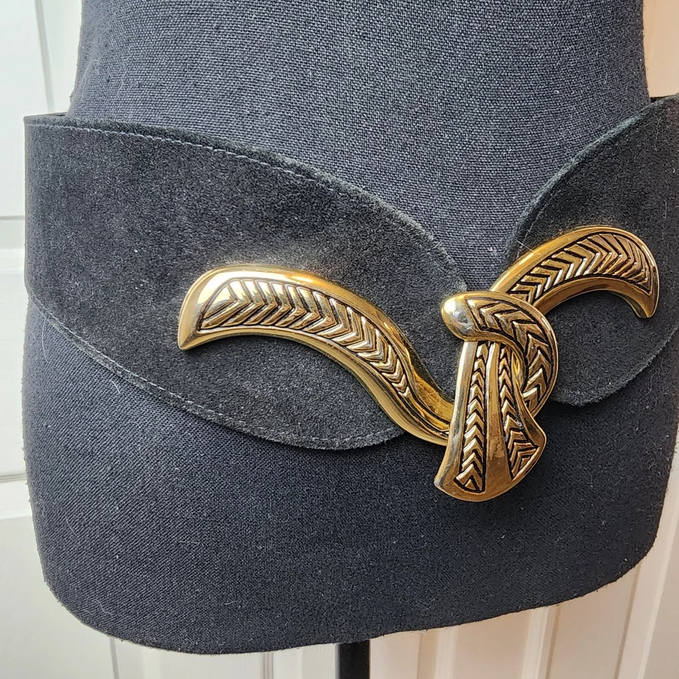 Vintage Black Statement Wide Belt Gold Knot Buckle Glam 80s Suede Art To Wear - Image 3 of 4