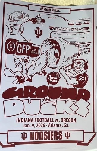 2026  Indiana University Hoosiers Football Poster Peach Bowl Oregon IU Mendoza