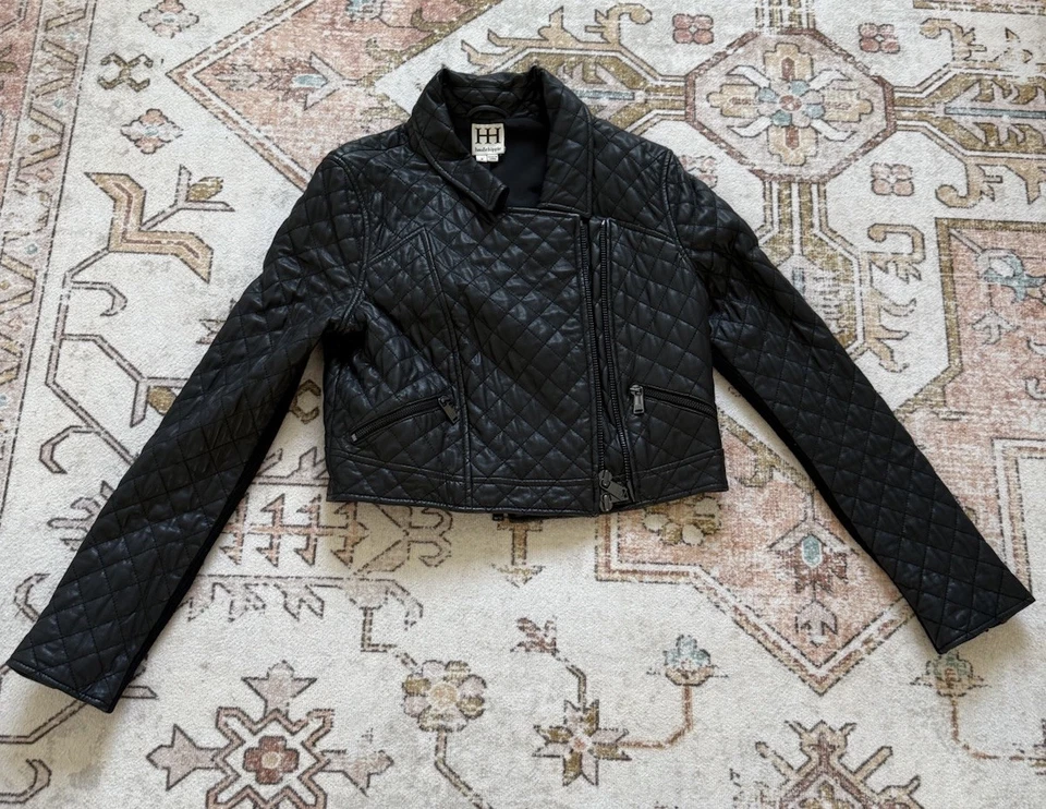 Chaqueta corta Haute Hippie de cuero acolchada negra para moto 100 % cuero de cordero pequeña Foto 2 de 4