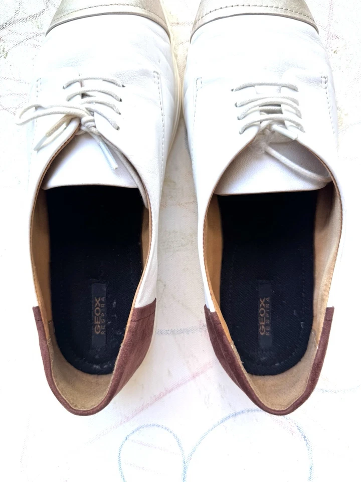GEOX Respira White, Gold and Brown Oxford Style Leather Shoes Size 8 - Image 4 of 4