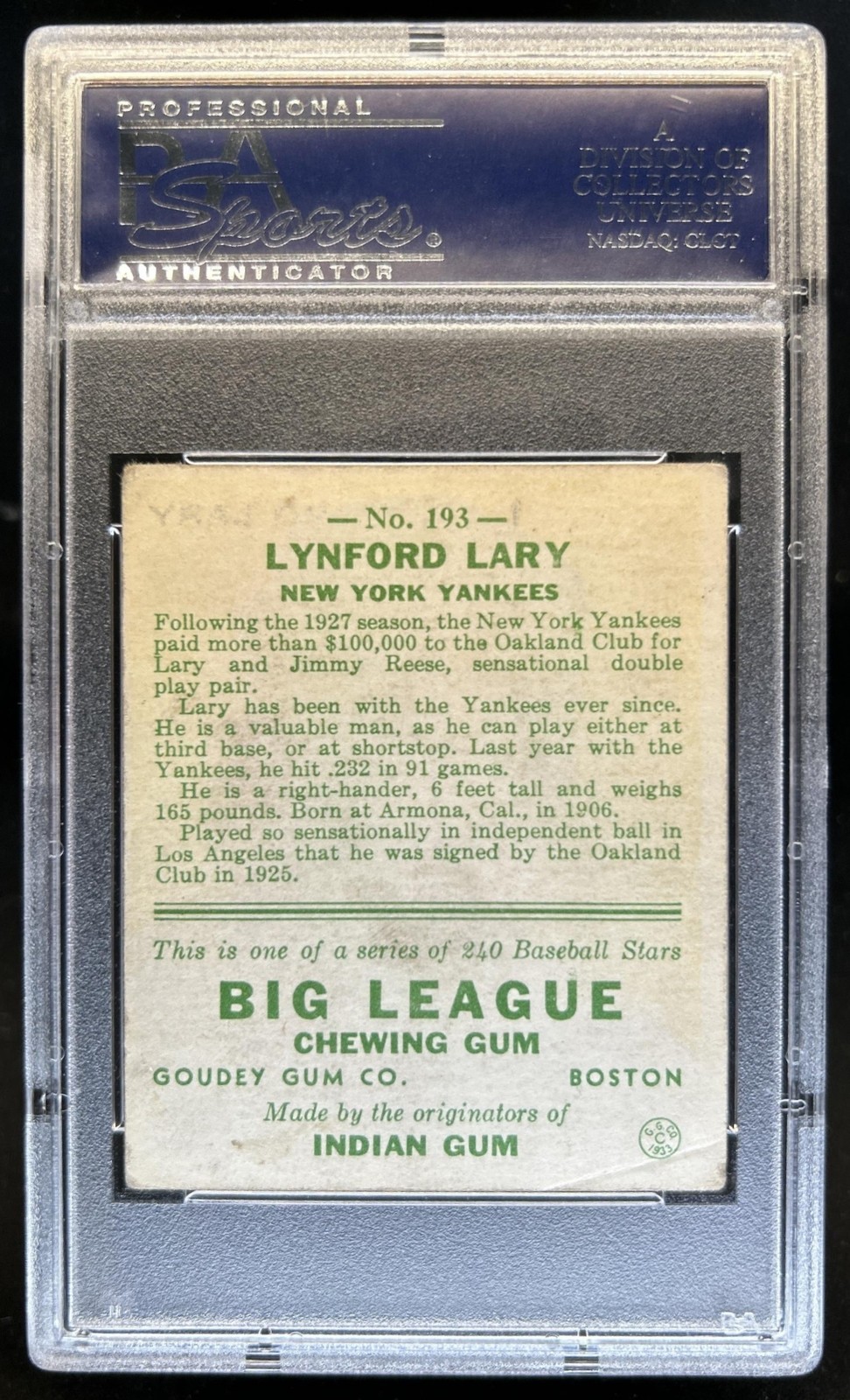 1933 Goudey R319 Lyn Lary Rookie RC #193 New York Yankees PSA 2.5 view 2