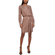 Eliza J Gold Cocktail Dress Sequined Long Sleeved Cut Out Mini Sheath Size 6