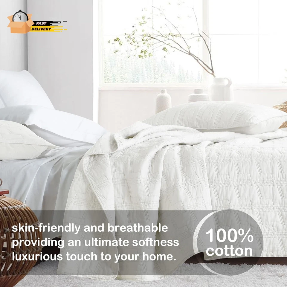 100% Cotton Quilt Set King Size, White Pre-Washed 3-Piece Bedspread Coverlet Se - Image 2 of 4