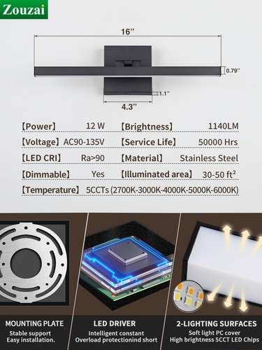 Modern LED Bathroom Vanity Light Bar Black IP44 Over Mirror Bath Wall Fixture... - Picture 5 of 9