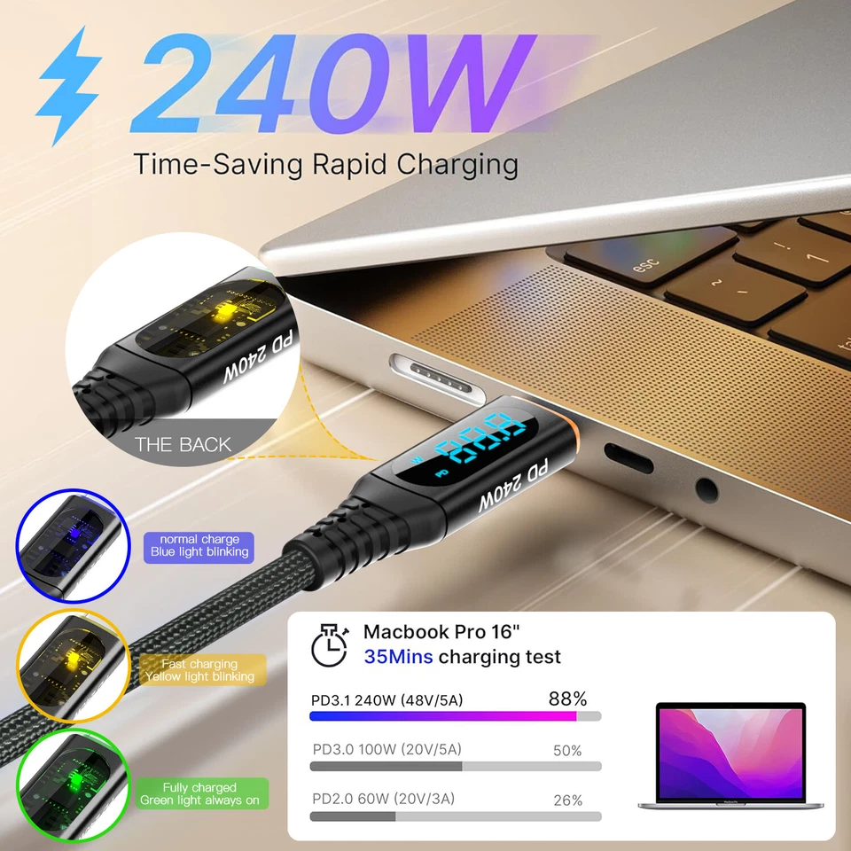 240W USB C to Type C Fast Charger Cable Two-Way Charging Cord with LED Display - Image 4 of 4