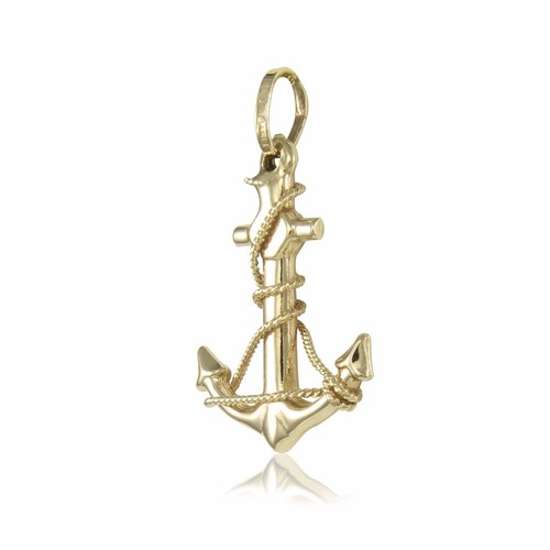 14K Solid Yellow Gold Anchor Pendant Singapore Chain Necklace Set -Mariner Charm - Picture 2 of 4