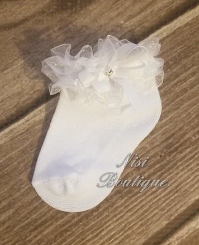 Christening, Baptism Girl Ruffle Socks, White or Ivory, Nylon, Special Occasion - Picture 6 of 7
