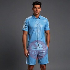 MEN'S LAMBSKIN SKY BLUE LEATHER SHIRT AND SHORTS WITH STRIPES SET WALKING SUMMER