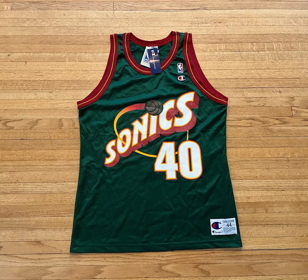 SHAWN KEMP SEATTLE SUPERSONICS VINTAGE 1990'S CHAMPION JERSEY ADULT 44 -  Bucks County Baseball Co.