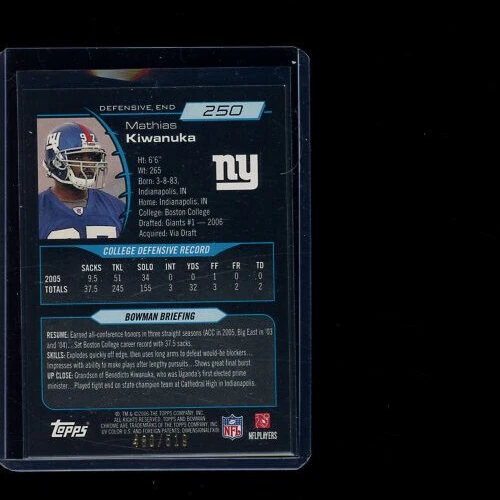 2006 Bowman Chrome Rookie Card Mathias Kiwanuka #250 Serial #480/519 N.Y. Giants - Image 2 of 2