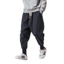 Cotton Linen Harem Pants Men Solid Elastic Waist Streetwear Joggers New Baggy Dr