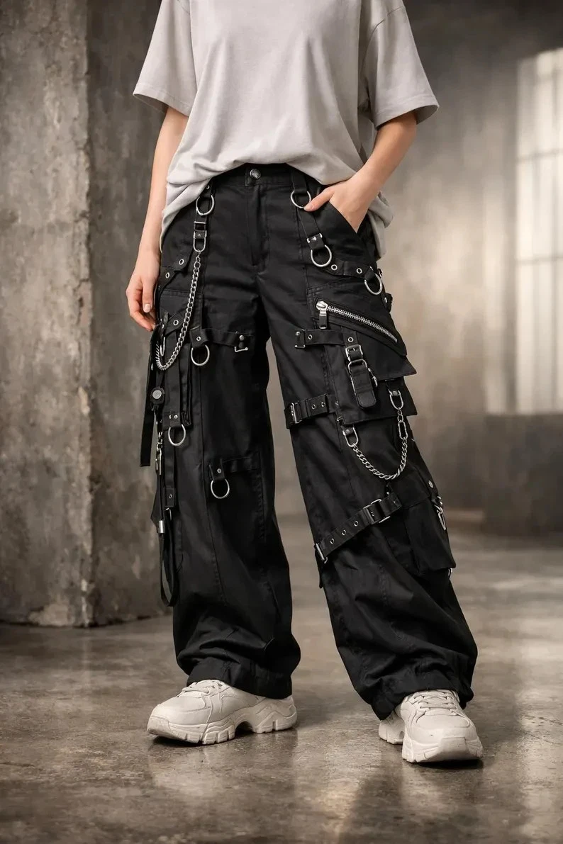Mens Cargo Pants Streetwear Style, Cotton Fabric Material, Black Punk Fashion