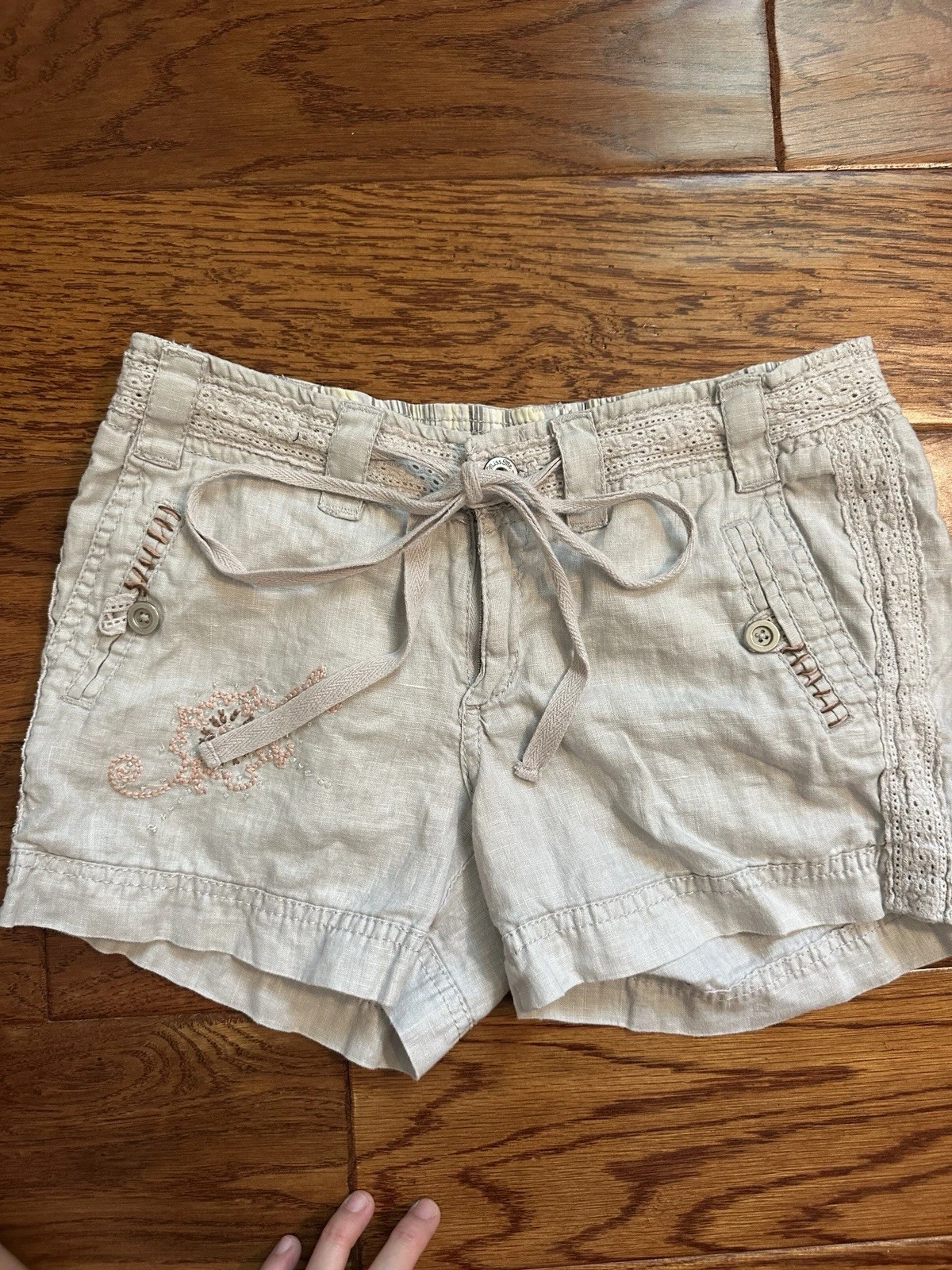 Miss Me Embroidered Linen Shorts Size S Beige Braided Waist Y2K 100% Linen