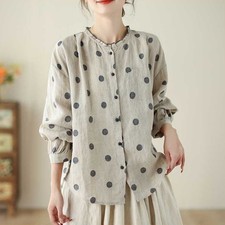 Damen Chinesische Retro Baumwoll-Leinen Bluse Knopfleiste Langarm Volant-Kragen