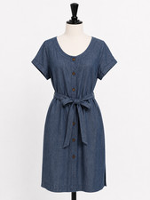 Talbots Dress Size 8P Button Front Blue Chambray Tie Waist Short Sleeve