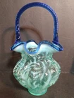 Fenton Art Glass Basket Aqua Opalescent Fern Cobalt Blue Crest Signed WC Fenton