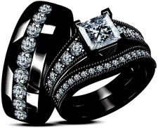 14K Black Gold Over His/ Her Lab Created Diamond Trio Wedding Ring Set 2Ct