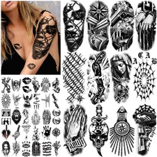 77 Sheets Black Temporary Tattoos Adult Skull Prison Chains Cholo Web Fake Tatto