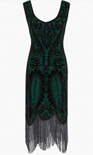 1920s Gatsby Vintage Medium Green Fringed Party Flapper Sequin Beaded Midi Dress