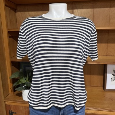 VTG 90s 100% Silk Short Sleeve Navy White Stripped Shirt Size L Elevated Basics