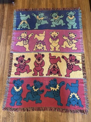Grateful Dead Dancing Bears Vintage Knit 90s Throw Blanket Hippie Woven 47 x 67 