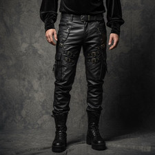 Men’s Genuine Leather Cargo Pants Black Buckle Biker Gothic Slim Fit Trousers