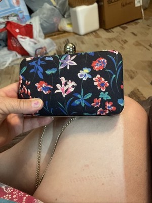 Black & Floral Hard Case Clutch / Purse with Chain Strap - Talbots (Retired)